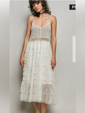 POL White Crochet Bodice Tiered Maxi Dress